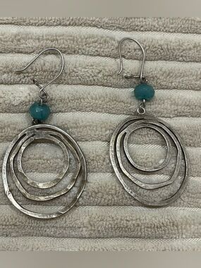Sterling Silver Multi-Hoop Dangle Earrings with Aqua Bead